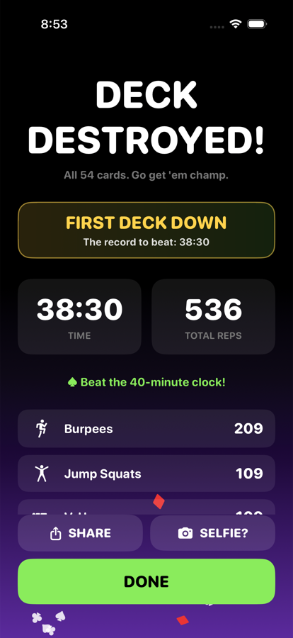 DECK DESTROYED — the victory screen