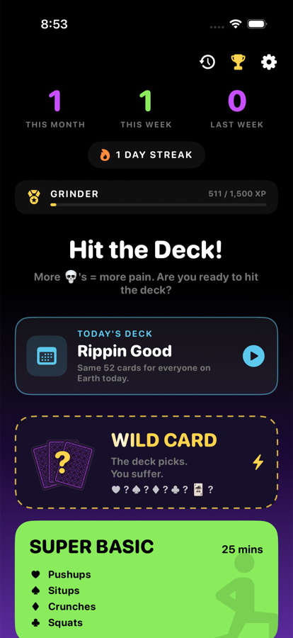 The Hit the Deck dashboard — streaks, ranks, and the deck lineup