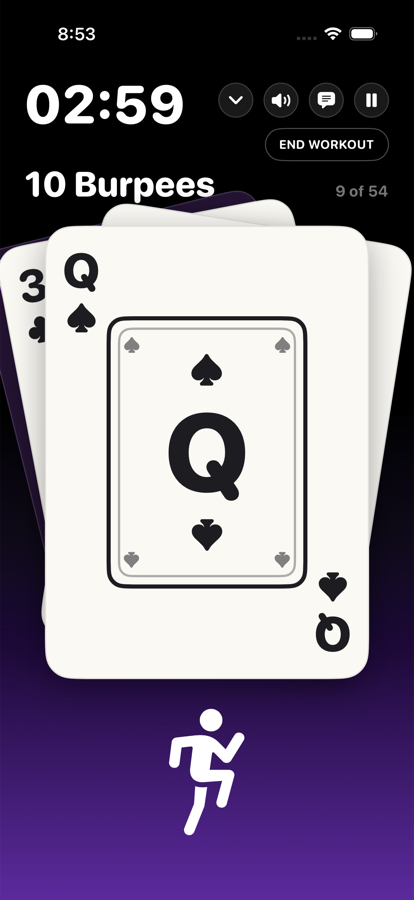 A workout in Hit the Deck — the queen of spades demands ten burpees